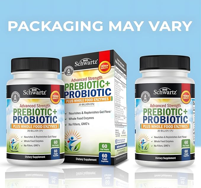 BioSchwartz Prebiotics and Probiotics for Men & Women, Gut Health with Lactobacillus Reuteri, Inulin Prebiotic Fiber, Digestive Enzymes, Non-GMO, Gluten-Free, Dairy-Free, Shelf-Stable, 60 CT