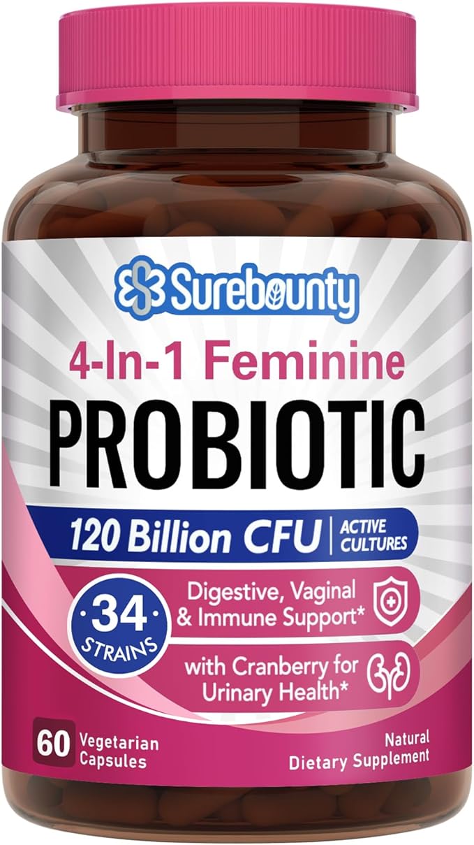 Probiotics for Women, 120 Billion CFU 34 Strains, Prebiotics, Digestive Enzymes, Cranberry, 4-in-1 Feminine Probiotic, Digestive, Vaginal, Immune Support, 60ct