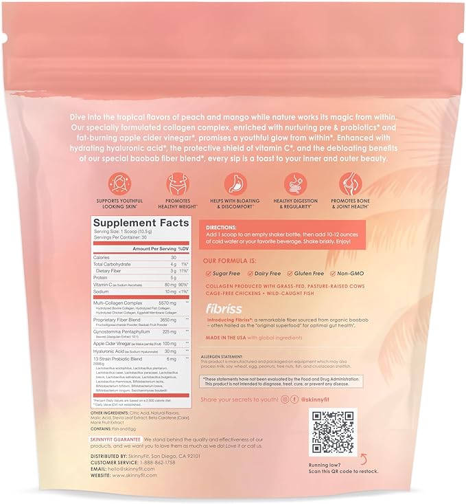SkinnyFit - Super Youth, Peach Mango (30 Servings) - Multi Collagen Peptides Powder - Probiotics, Fiber, Hyaluronic Acid - Collagen for Women - Non GMO, Gluten Free, Sugar Free - Beauty & Self Care