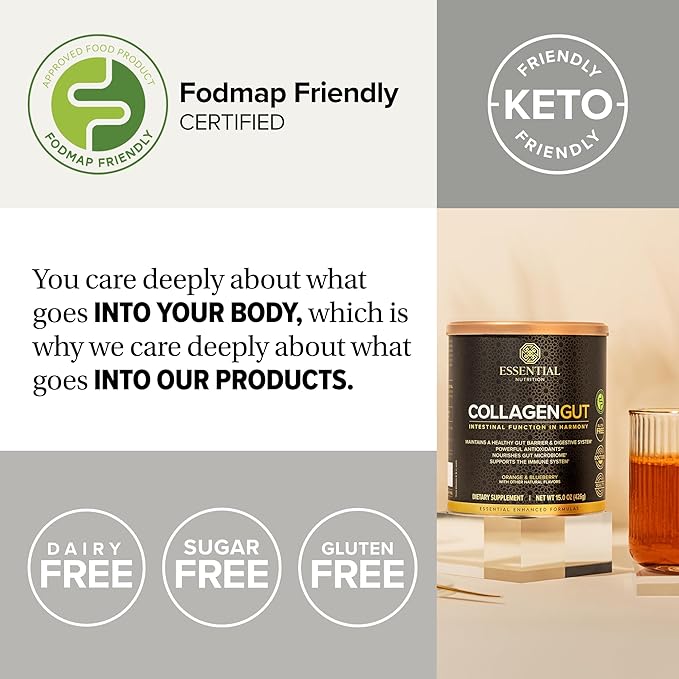 Collagen Gut - Collagen Peptides Powder - Gut health supplement Immunity - Prebiotic Fiber, Turmeric Extract, FODMAP Friendly, Sugar-Free - Orange & Blueberry- 15oz (20 Servings)