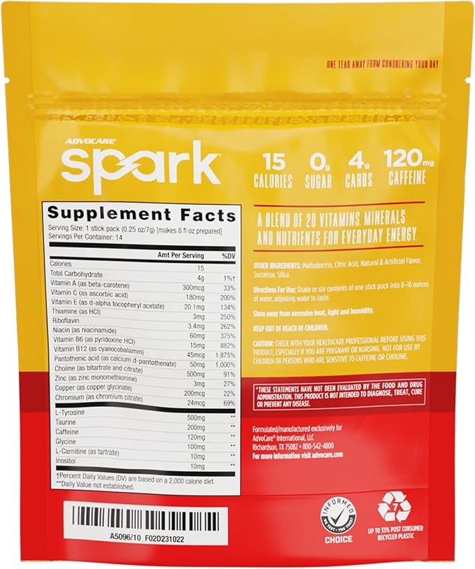 AdvoCare Spark Vitamin & Amino Acid Supplement - Focus & Energy Drink Powder Mix with Vitamin A, B-6, C & E - Also Includes L-Carnitine & L-Tyrosine - Mango Strawberry, 14 Stick Packs