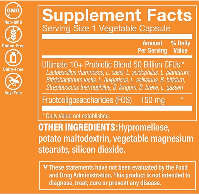 Ultimate 10+ Probiotics, 50 Billion CFUs for Digestive Health, Immune Support and Respiratory Health (60 Vegetable Capsules) by the Vitamin Shoppe