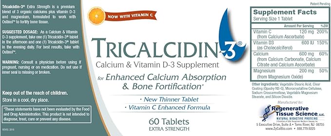 Tricalcidin-3 Extra Strength. Bone Tissue Fortification Support. Stem Cell Certified Activation. Premium Blend of 3 Calciums.Complete Bone Health Tissue Support System. 120 Capsules