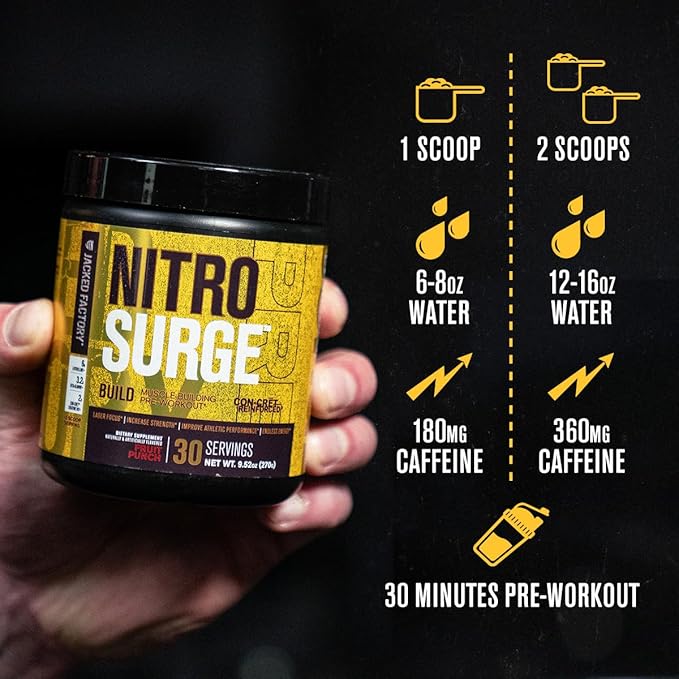 Jacked Factory Nitrosurge Build Pre Workout with Creatine for Muscle Building - Con Cret Creatine Powder & elevATP for Intense Energy, Powerful Pump, & Endless Endurance - 30 Servings, Blue Raspberry