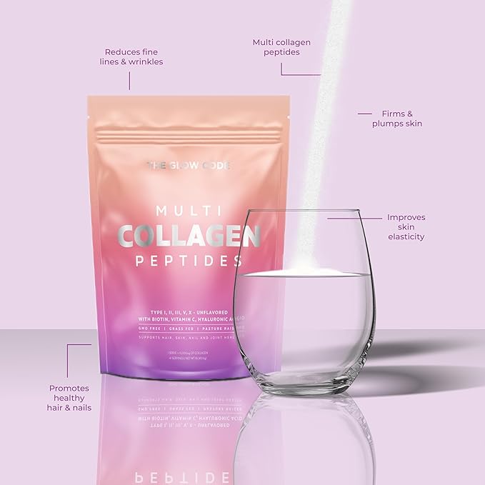 The Glow Code Multi Collagen Peptides – Type I,II,III,V & X Hydrolyzed Collagen Powder, Unflavored, Enhanced with Biotin, Vitamin C & Hyaluronic Acid