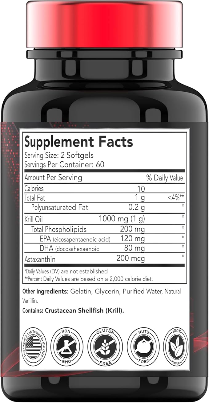 Antarctic Krill Oil 1000mg - 120 Softgels with Astaxanthin | 1000mg Red Krill Oil, 200 mg Phospholipids, 120 mg EPA, 80 mg DHA, 200 mcg Astaxanthin | Potent & Pure Omega-3 Cold Water Antarctic Krill