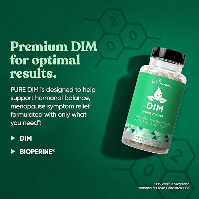 DIM Supplement Pure 200 Mg for Women or Men – Estrogen Hormone Balance Supplement for Energy, Fatigue, Stress, Menopause, Hot Flashes – Enhanced Bioavailability BioPerine – 60 Vegan Soft Capsules