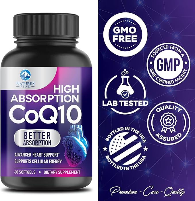 Co Q 10 Supplement - CoQ10 100mg Antioxidant, Heart Health Support & Energy Production - Coenzyme Q10 (Ubiquinone) Vitamins Increased Absorption, Gluten Free, Women & Men 2 Month Supply - 60 Softgels