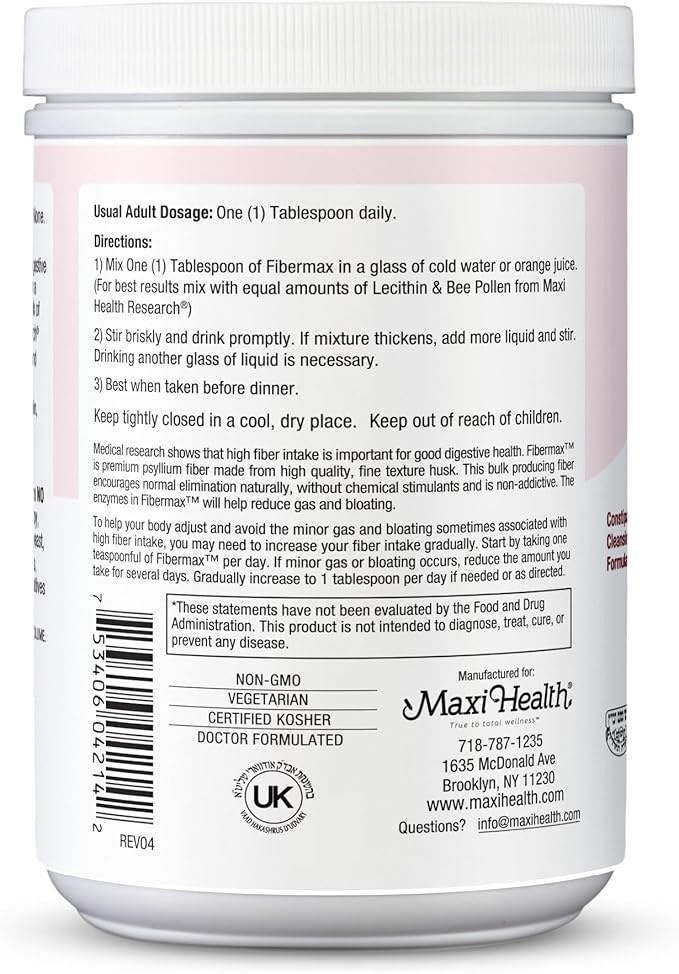 Maxi Health Fibermax Powder - Cleansing Formula - Laxative for Men and Women with Psyllium Husk - 14 Ounce Bottle - Kosher Daily Fiber Supplement