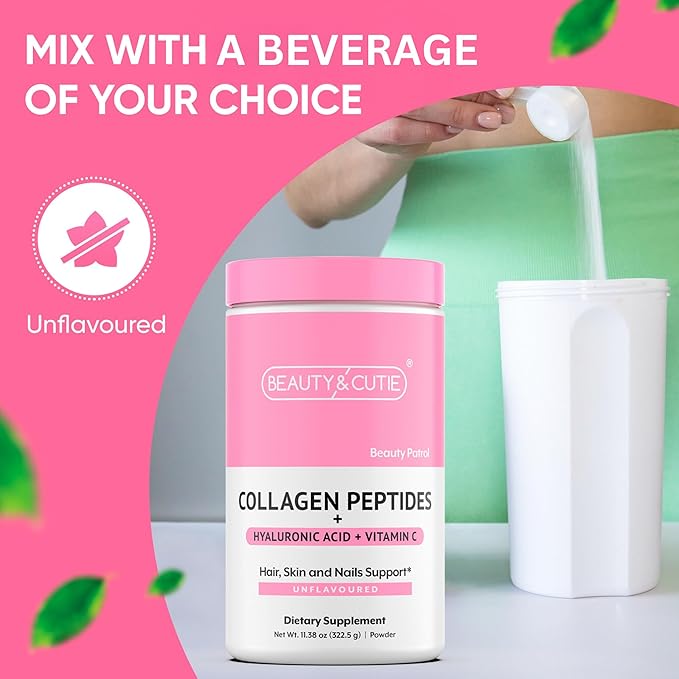 Collagen Peptides 10g with Hyaluronic Acid 120 mg and Vitamin C Powder, Hair, Skin and Nails Support, Grass Fed, Unflavored, 11.38 oz