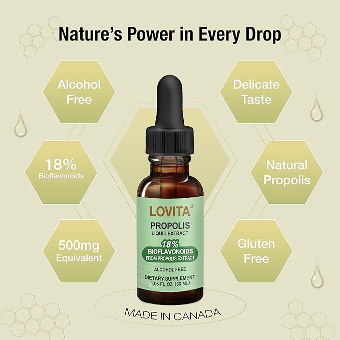 Lovita Bee Propolis 500 mg Liquid Extract | 5:1 Propolis Extract | Alcohol Free | Immune Support | 1 Fl Oz