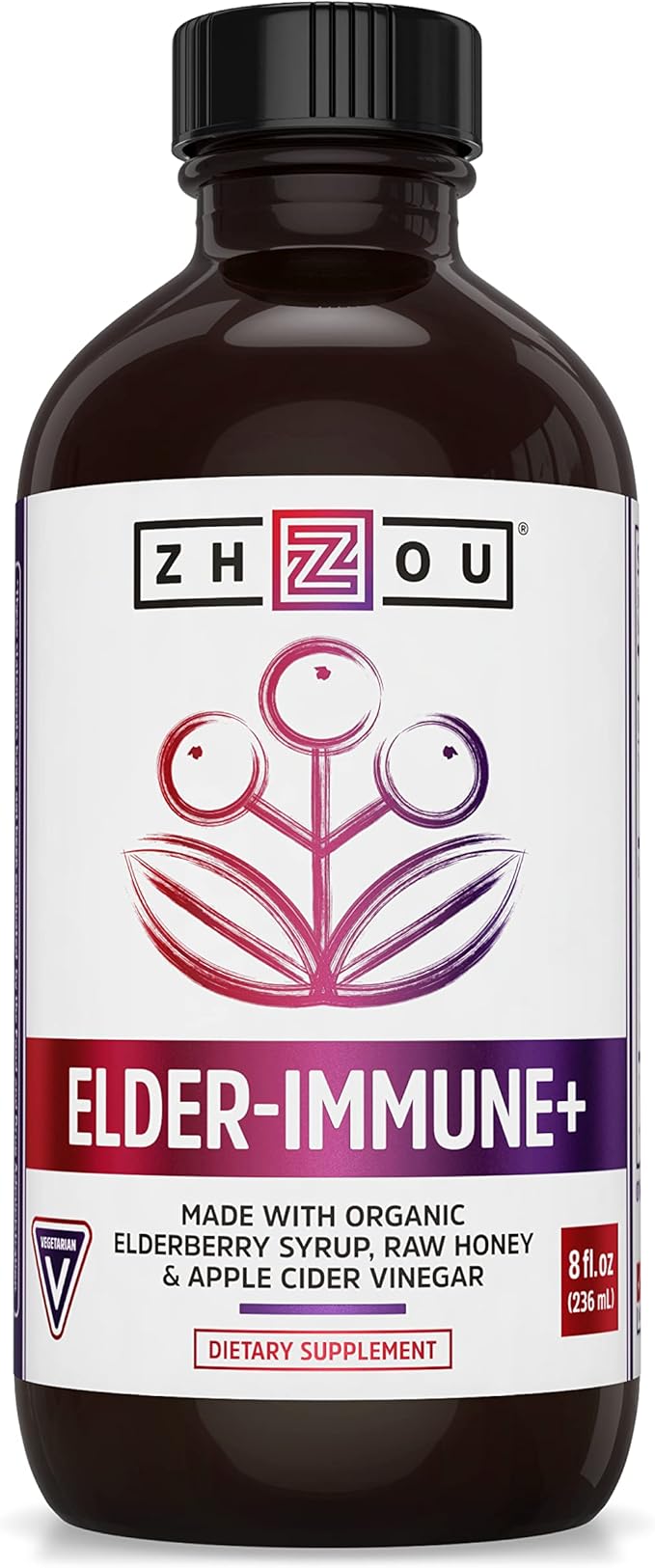 Zhou Nutrition Elder-Mune+ Syrup - Organic Black Elderbery Syrup for Adults, Immune Support Elixir with Apple Cider Vinegar, Echinacea Tincture, Natural Wellness - 8 Fl Oz Glass Bottle