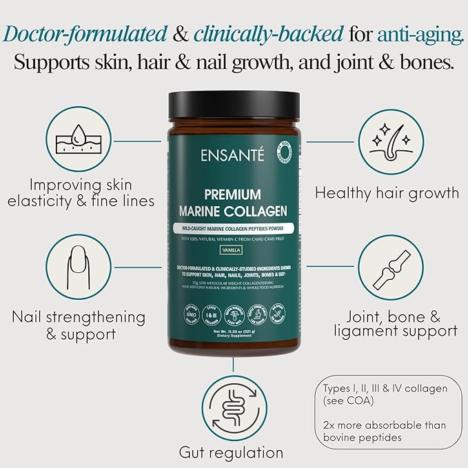 ENSANTE Premium Marine Collagen Peptides Powder Vanilla, Clinically Backed Type I II III IV Collagen, Wild Deep Sea Fish Collagen with Organic Camu Camu Vitamin C for Hair Skin Nail Joint, Lab Tested