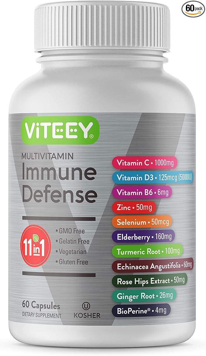 Viteey 11 in 1 Multivitamin Immune Defense Supplement - Immune Booster Capsules with Vitamin D3, Vitamin B6, Echinacea, Turmeric, Rose-HIPS, Selenium, BioPerine, Ginger, Elderberry Vitamin C and Zinc