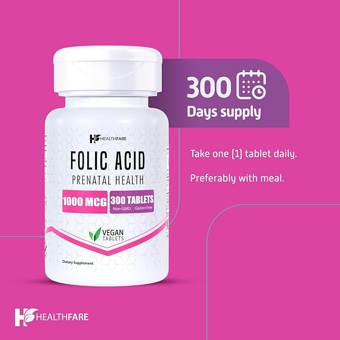 Folic Acid 1000mcg | 300 Veg Tablets | Vitamin B9 | Gluten-Free | Non-GMO | Made in USA