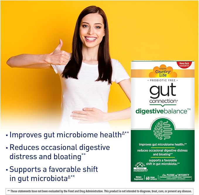 Country Life Gut Connection Digestive Balance – Prebiotic & Digestive Enzyme Supplement for Gut Health, Bloating Relief, and Improved Bowel Movements – Gluten-Free, Vegan, Non-GMO, 60 Capsules
