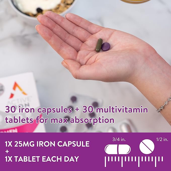 Active Iron Supplement for Women + Complete Multivitamin, 30 Non-Constipating, Gentle on Stomach Capsules + 30 Womens Multivitamin Tablets, Clinically Proven to Increase Iron & Energy Levels (2 Pack)
