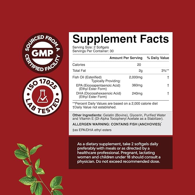 Omega 3 Fish Oil Supplement - EPA DHA Fish Oil Omega 3 Supplement with Immune Booster Brain Vitamins - Burpless 2000 mg per Serving for Mood Boost Liver Support and PMS Relief Support