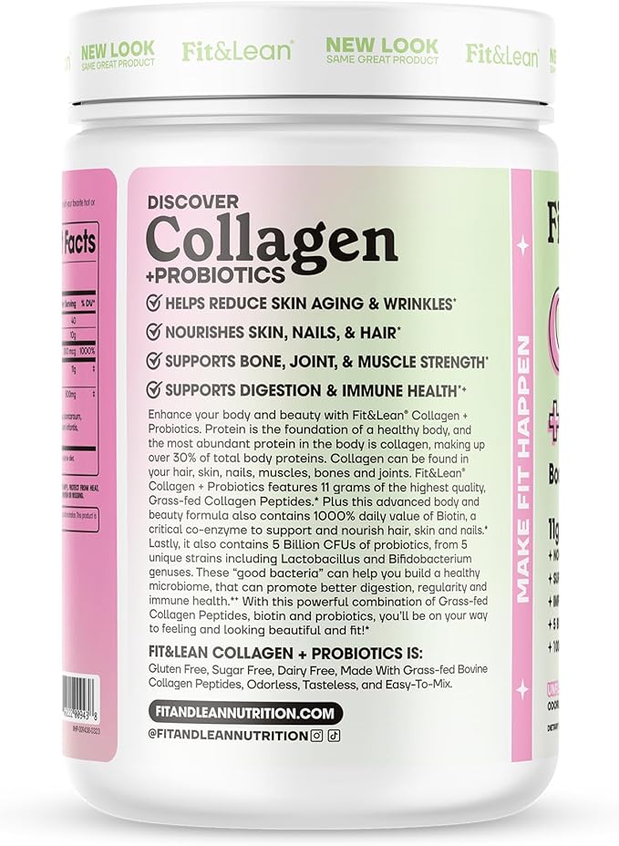 Fit & Lean Collagen + Probiotics- Grass-fed Collagen Peptide Powder, Unflavored, 12.64oz