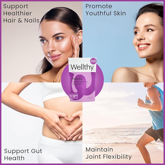 Wellthy Collagen Peptides Protein Powder - Grass Fed Hydrolyzed Collagen for Hair Growth, Skin, Nails, Gut and Joint Support - 20,000mg Collagen & 18g Protein | Unflavored (15 Servings)