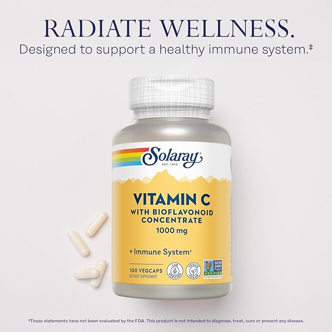 SOLARAY Vitamin C with Bioflavonoid Concentrate - Rose HIPS, Acerola Cherry and Bioflavonoids - Vitamin C 1000mg - Immune Function, Skin, Hair, Nails Support - Vegan - 100 Servings, 100 VegCaps