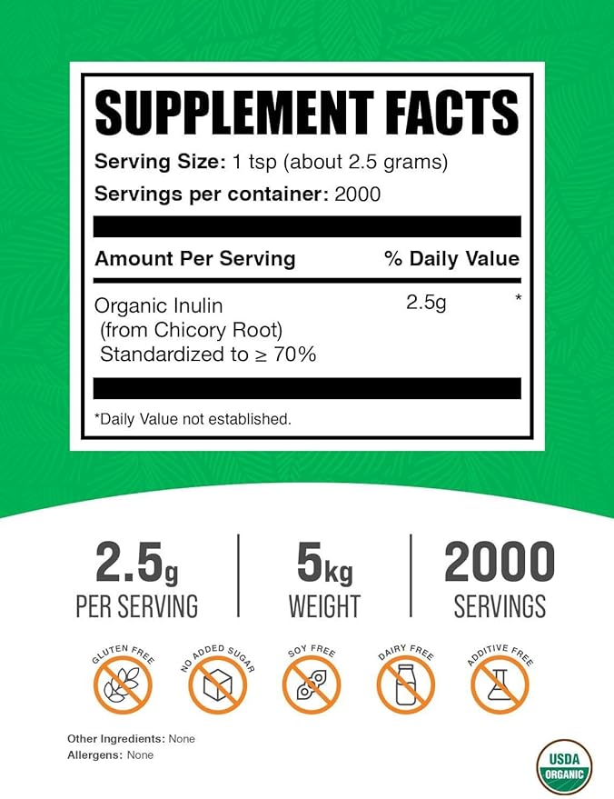 BulkSupplements.com Organic Inulin Powder - Inulin Supplement, Soluble Fiber Powder - Vegan & Gluten Free, Inulin Fiber - 2.5g per Serving, 5kg (11 lbs) (Pack of 5)