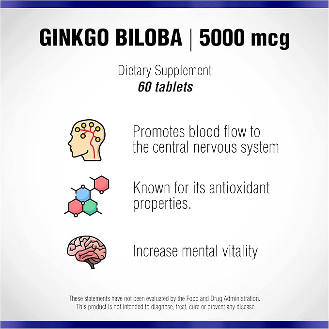 Ginkgo Biloba 60 mg by Natural Systems 60 Tablets - Gingko Biloba Powder Brain Supplement - Ginkgo Biloba Concentration Supplements - Memory Vitamins for Men and Women - Boost Energy Supplements