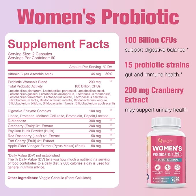 Probiotics for Women, 100 Billion CFU Womens Probiotic with Prebiotics, Digestive Enzymes, D-Mannose & Cranberry Extract for Immune Support, Vaginal & Urinary Health, Digestive Balance - 120 Capsules