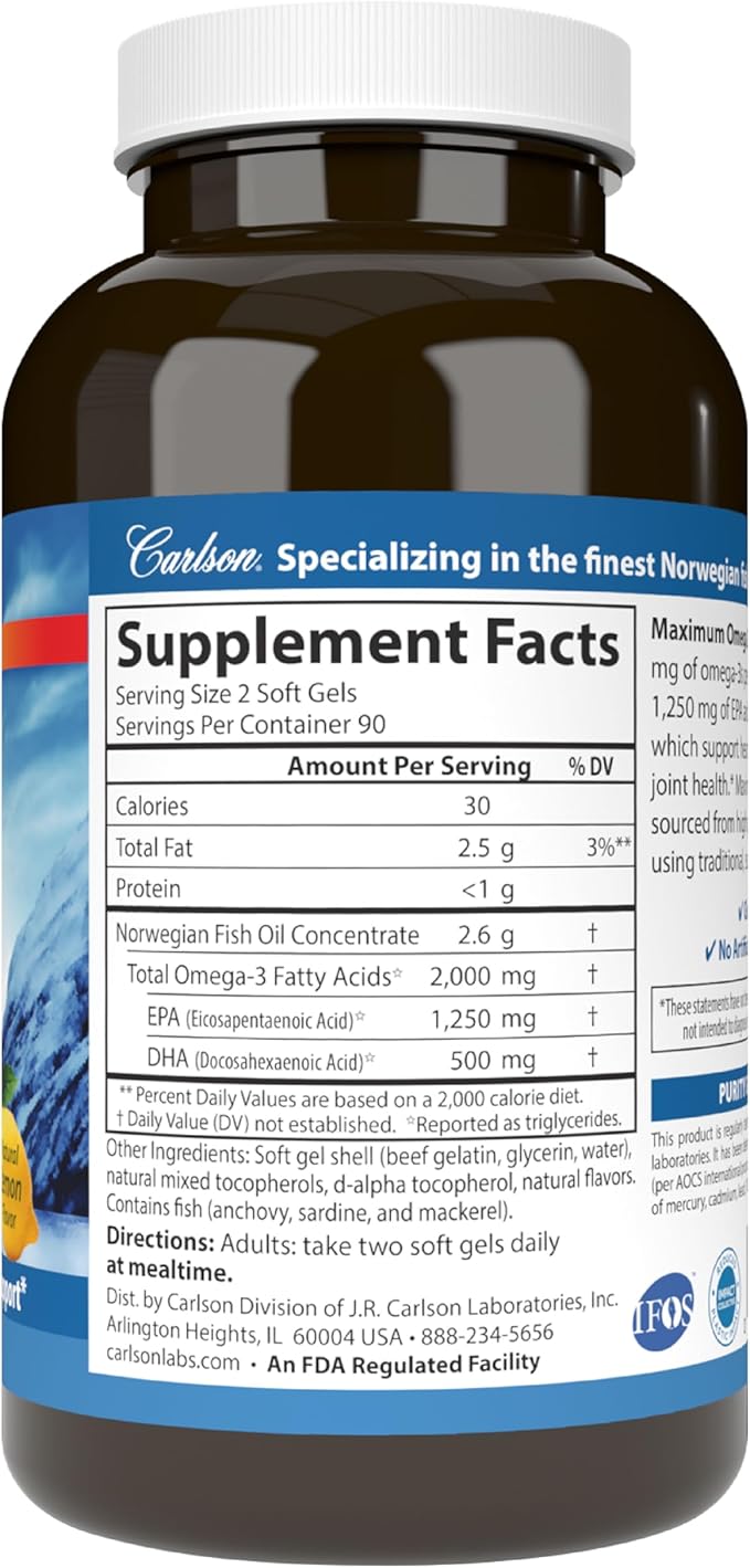 Carlson - Maximum Omega 2000, 2000 mg Omega-3 Fatty Acids Including EPA and DHA, Wild-Caught, Norwegian Fish Oil Supplement, Sustainably Sourced Fish Oil Capsules, Lemon, 180 Softgels