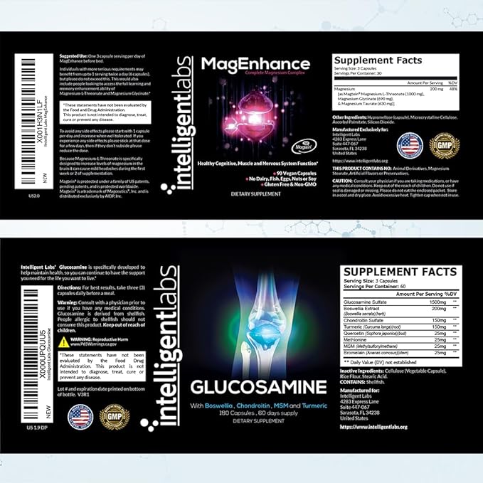 Intelligent Labs 2-in-1 Bundle of MagEnhance Triple Magnesium Complex (Magnesium Threonate Supplement with Mg Taurate and Mg Glycinate) + Glucosamine and Chondroitin Joint Care Complex with MSM
