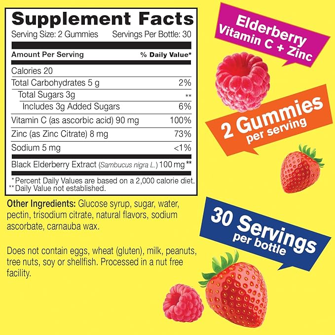 Elderberry Gummies with Vitamin C and Zinc - Antioxidant and Immune Support, Black Elderberry Dietary Supplement for Men and Women - Non GMO, Vegan - Naturally Sourced Flavors - 60 Count