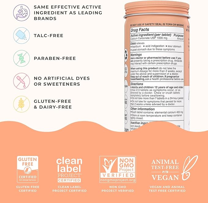 Wonderbelly Antacid, Effective Heartburn and Instant Acid Indigestion Relief, Extra Strength Chewable Tablets, 1000 mg Calcium Carbonate, No Talc or Dye, Tropical Fruit, 60 Count