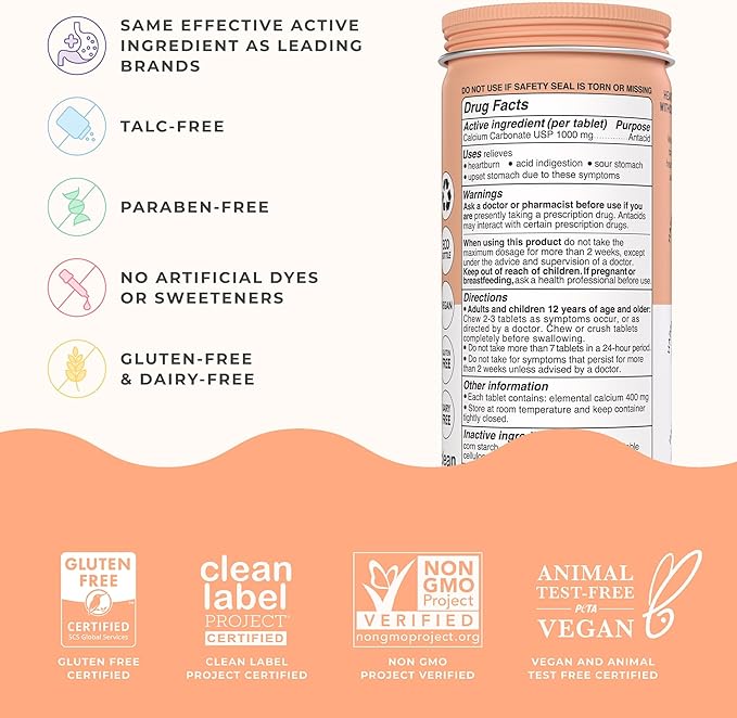 Wonderbelly Antacid, Effective Heartburn and Instant Acid Indigestion Relief, Extra Strength Chewable Tablets, 1000 mg Calcium Carbonate, No Talc or Dye, Tropical Fruit, 60 Count