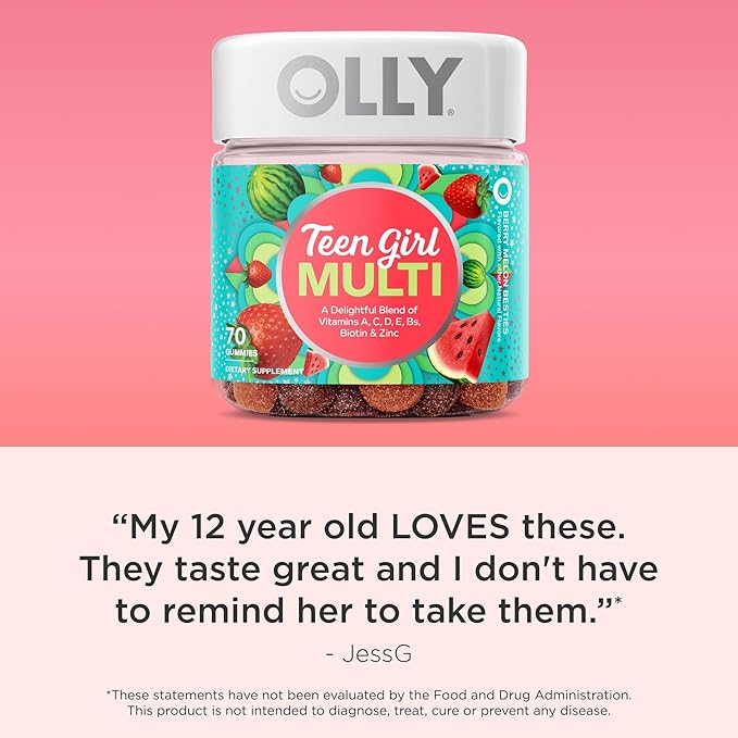 OLLY Teen Girl Multi Gummy, Healthy Skin and Immune Support, 15 Essential Vitamins, Biotin, Zinc, Calcium, Chewable Multivitamin, Berry Melon, 35 Day Supply, 70 Count (Pack of 2)