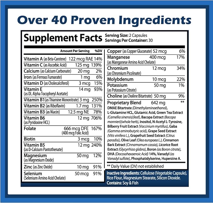 Brain Support Plus Brain Supplement for Memory and Focus, Nootropics for Concentration and Mental Clarity, Brain Vitamins B1, B6, B12, Phosphatidylserine, 1000mg, 60 Capsules, Made in The USA.
