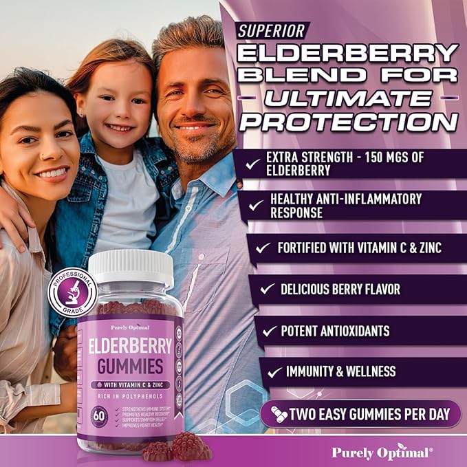 Purely Optimal Elderberry Gummies - Immune Support Supplement with Vitamin C & Zinc, Organic Black Elderberry Extract, Vegan, Non-GMO, Gluten-Free, 60 Count