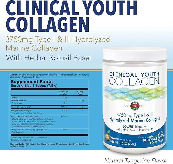 KAL Clinical Youth Collagen | Healthy Skin, Hair, Nail and Joint Support | Vitamin C | Natural Tangerine Flavor | 10.5oz, 40 Serv.