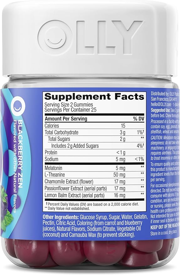 OLLY Extra Strength Sleep Gummy, 5 mg Melatonin, L-Theanine, Chamomile, Lemon Balm, Sleep Aid, BlackBerry - 50 Count
