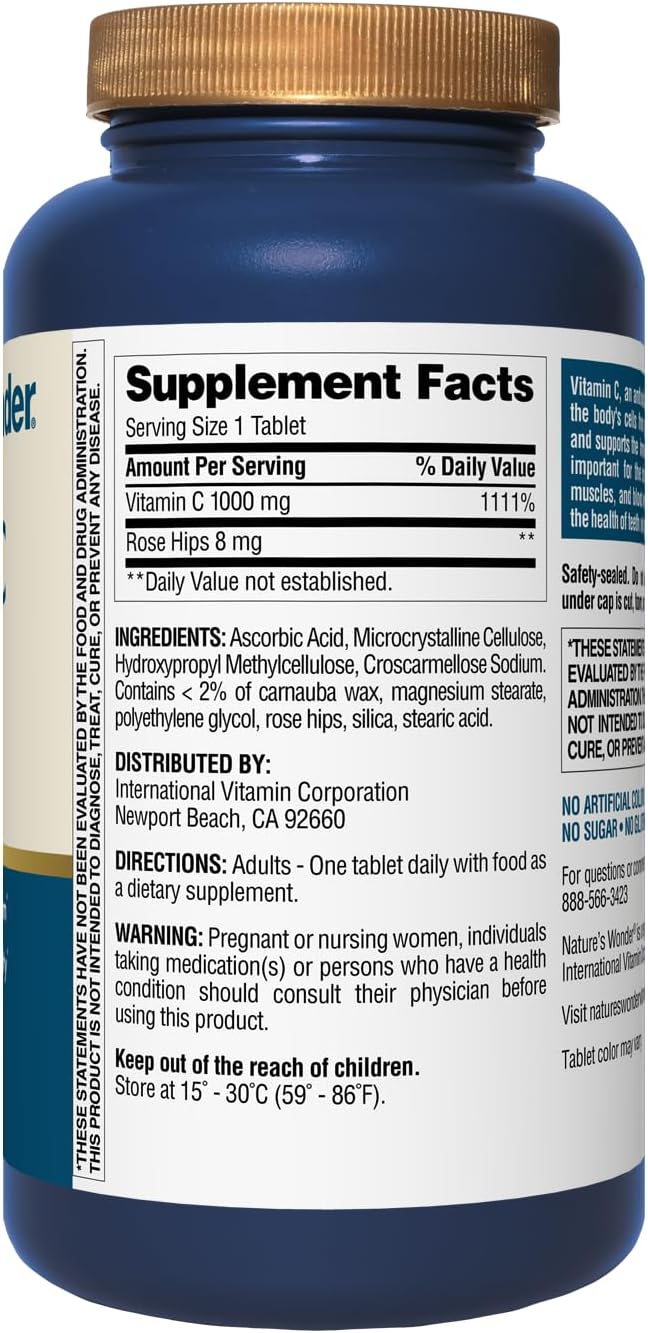 Nature's Wonder Vitamin C 1000 mg with Rose Hips Tablets for Immune Health, 250 Servings, 250 count
