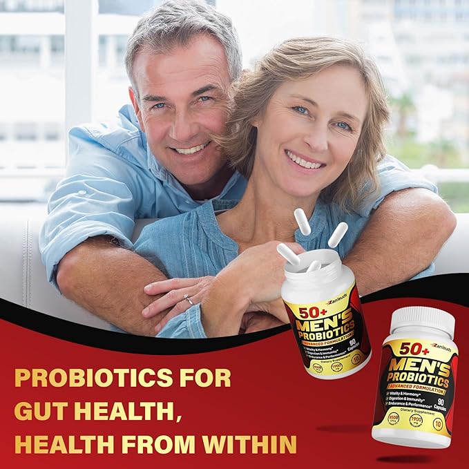 Probiotics for Men, Potent 50+ Mens Probiotic, Complete Gut & Digestive Health, with 850 Billion CFU, 1900mg Prebiotic Fiber, Energize, Immune, Mens Probiotics for Gut Health Over 50-180 Capsule
