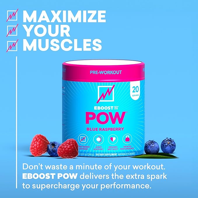 EBOOST POW Natural Pre Workout Powder – 20 Servings - Blue Raspberry - A PreWorkout Supplement for Performance, Joint Mobility Support, Energy - Men and Women - Non-GMO, Gluten-Free, No Creatine