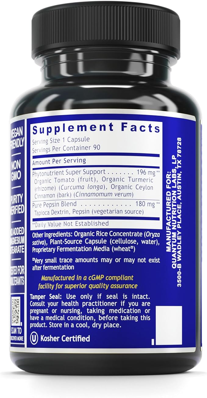 Quantum Nutrition Labs HCL Activator - Pepsin Digestive Enzymes Supplement for Optimal Digestive Function for Men & Women, Low Stomach Acid, Nutrient Absorption - 90 Vegetarian Capsules
