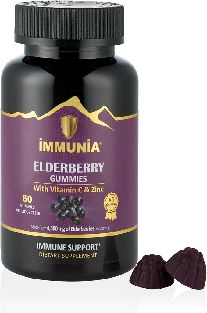 Immunia Elderberry Gummies. for Optimal Immune Support. Highly Concentrated of Elderberry (4,500 mg/2 Gummies). with Vitamin C & Zinc. Antioxidant. Gelatin-Free. Delicious. 60 Gummies