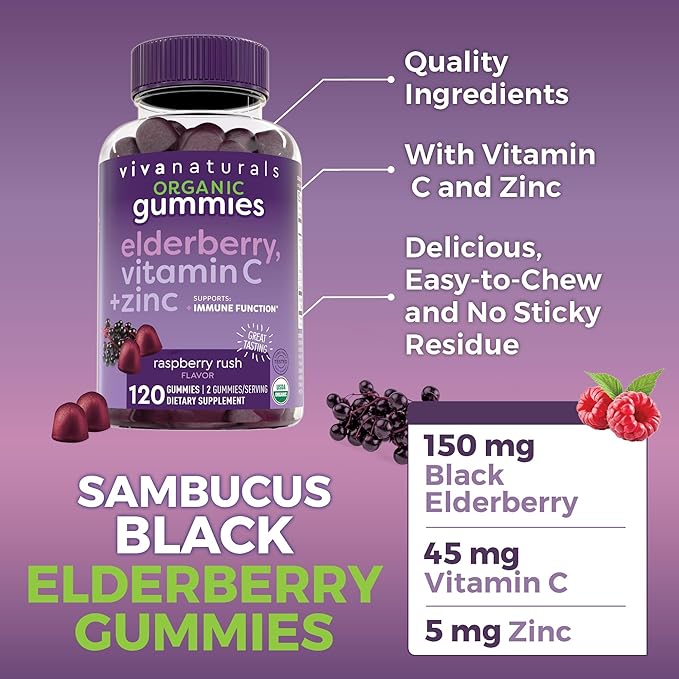 Viva Naturals Organic Sambucus Elderberry Gummies for Adults (120 Count) - 3in1 Black Elderberry Vitamin C and Zinc Immune Support Gummies, Chewable Elderberry Supplements, Zinc Immunity Gummies