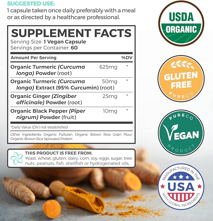 USDA Organic Turmeric Curcumin with Black Pepper and Ginger (2 Month Supply) Joint Support Supplement with Tumeric and Ginger Root Powder - Organic Turmeric Supplement - 60 Vegan Capsules (No Pills)
