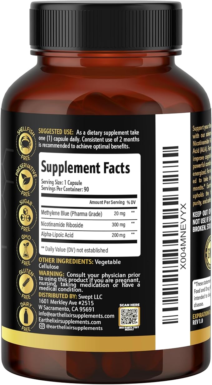 3-in-1 Methylene Blue Capsules – Methylene Blue Pharmaceutical Grade w/Alpha Lipoic Acid (ALA) & Nicotinamide Riboside – NAD Supplement for Energy, Cognitive & Cellular Support – 3 Month Supply