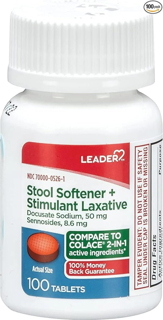 Leader 2-in-1 Stool Softener & Stimulant Laxative, Docusate Sodium 50mg, Sennosides 8.6 mg, Gentle Occasional Constipation Relief for Adults, Both Men & Women, & Children Ages 6+, 100 Tablets