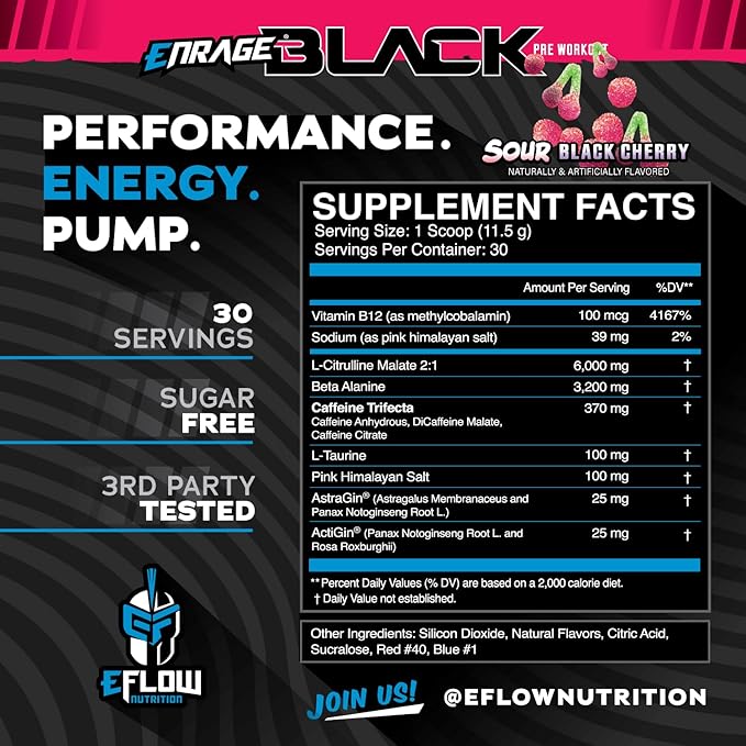 eFlow Nutrition Enrage Black High Stimulant Pre Workout Supplement - Preworkout Powder to Boost Energy, Pumps and Strength - 4 Flavors (30 Servings) (Sour Black Cherry)