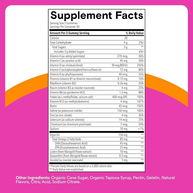 SmartyPants Teen Girl Multivitamin Gummies - Improved Formula: Omega 3 (DHA/EPA), Vitamin C, D3, B12, Vitamin A, K & Zinc, Biotin to Support Hair, Skin & Nails, Gluten Free, 60 Count (30 Day Supply)