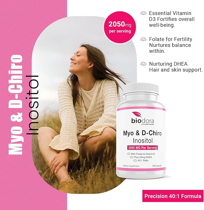 Myo& D-Chiro Inositol Supplement, with Folate and Vitamin D, 40 to 1 Ratio, Includes DHEA, Helps in Hormone Balance, Ovarian Function, 2050mg per Serving, 120 Capsules